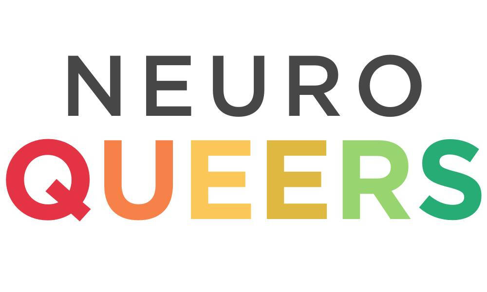The NeuroQueers logo with gentle rainbow lettering